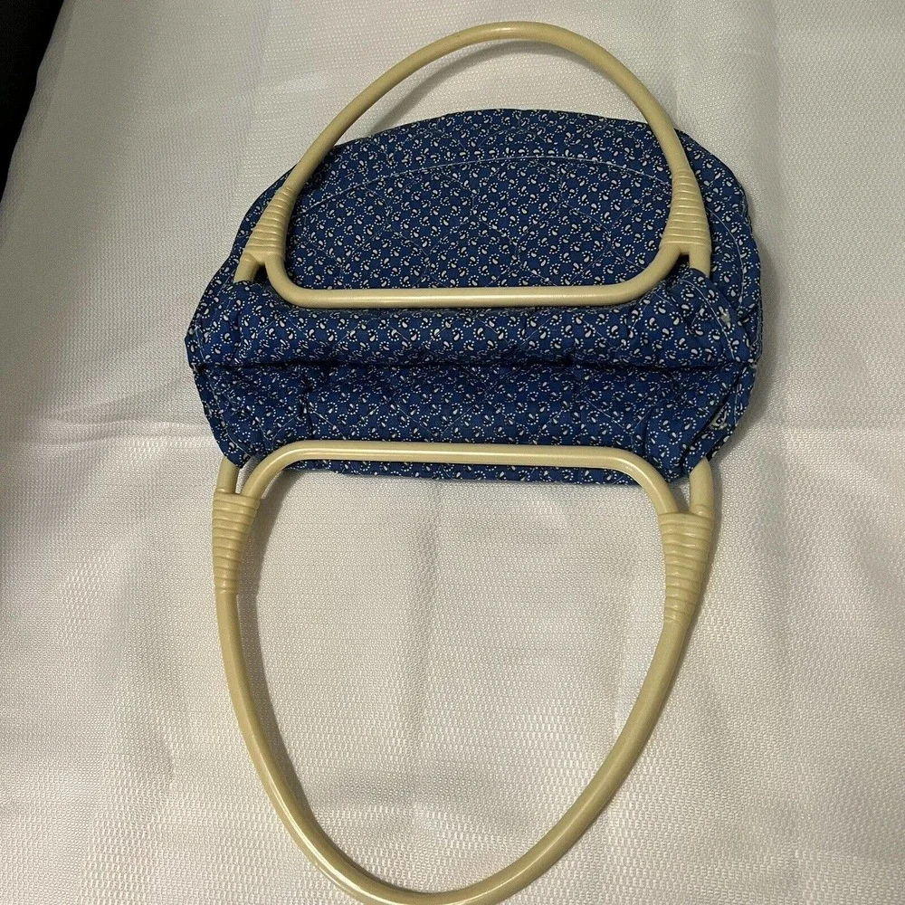 Vintage 60’s-70’s BOHO Blue Beige Quilted Handbag Purse Lucite Top Handles